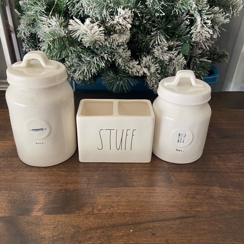 Rae Dunn Cream Canister and Holder Set